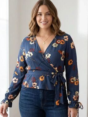 New Lovestitch Navy floral wrap blouse size Large tie waist